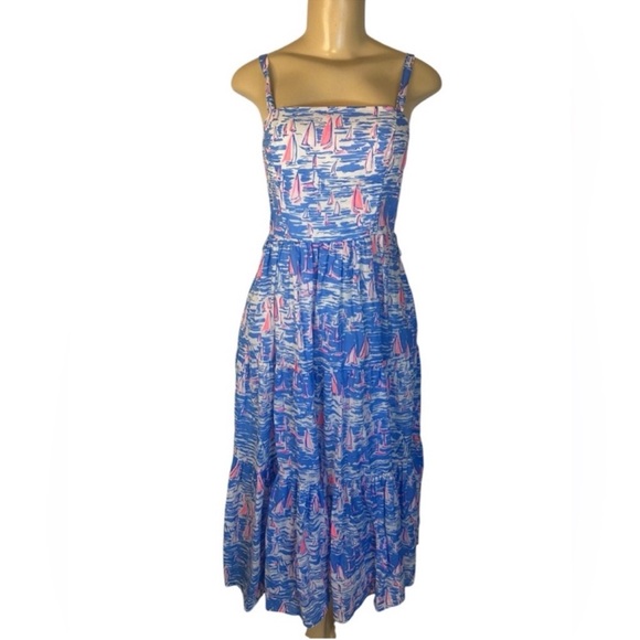 Lilly Pulitzer Zanzibar Blue BOATYLICIOUS ANALEESE DRESS Midi Sailboats tiered 0 - Picture 3 of 10